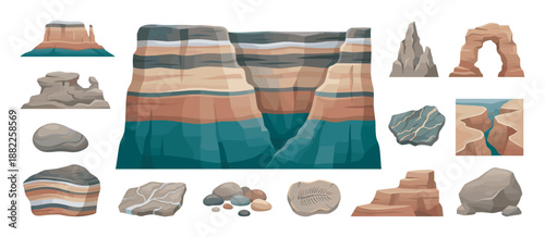 Set of various geological rock formations including a canyon, natural arch, mesa, fossil, and stones, illustrated in a flat cartoon style for earth science concepts