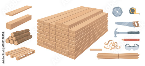 Detailed set of cartoon carpentry icons with wood planks, logs, a pallet, hammer, saw, and safety glasses for construction or DIY projects