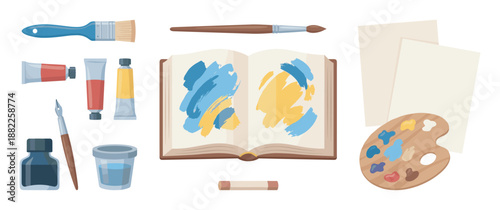 Collection of various art supplies for painting and drawing, including brushes, paint tubes, a palette, sketchbook, and ink, arranged in a clean, illustrated cartoon style