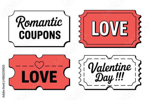 A set of romantic coupons and tickets for Valentine's Day with love messages