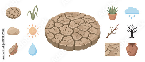 Collection of drought and desert icons showing cracked earth, a dead tree, a hot sun, and a single water drop to illustrate climate change and environmental concepts