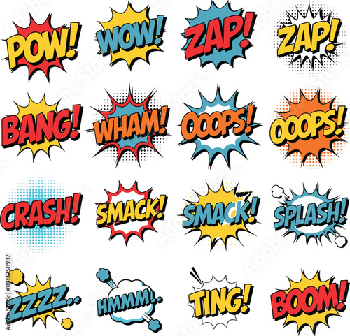 Colorful comic book sound effects set featuring pop art speech bubbles with pow zap bang boom crash text, retro halftone style vector illustrations isolated on white