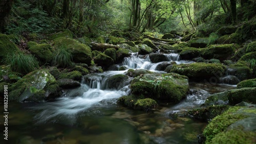 Mossy stream cascades through a green forest