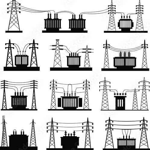 Electric power substation vector illustration set showing high voltage transformers, transmission towers, grid infrastructure icons for energy distribution, electricity industry, engineering,