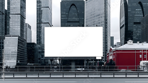 Large blank mockup white billboard in front of modern city skyscrapers and a red building advertisement