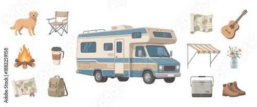 Set of camping and road trip illustrations featuring a motorhome, dog, campfire, guitar, and other travel essentials in a charming, flat cartoon style for adventure concepts