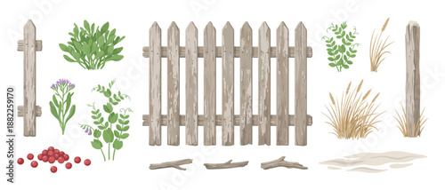 Set of rustic countryside design elements featuring a weathered wooden picket fence, green plants, wildflowers, red berries, and dry grass illustrations for nature-themed projects