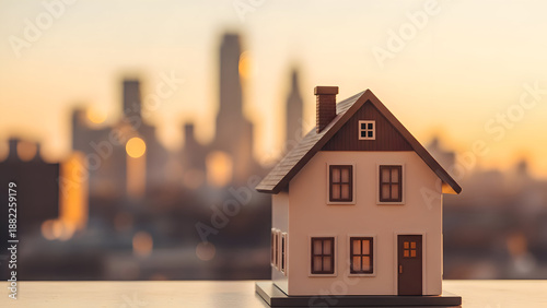 Miniature house model in front of a blurred city skyline at sunset home real estate