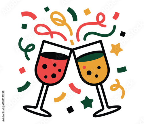 A colorful illustration of two wine glasses clinking together in celebration with confetti and ribbons