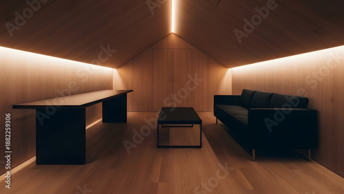 Modern Minimalist Interior with Wooden Walls, Sofa, and Tables modern interior minimalist design