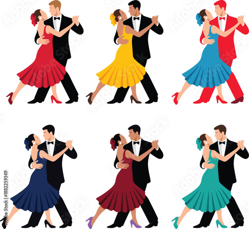 Elegant ballroom dancing couples illustration set featuring tango and waltz poses, colorful dresses, romantic movement, classic dance style, isolated on white background