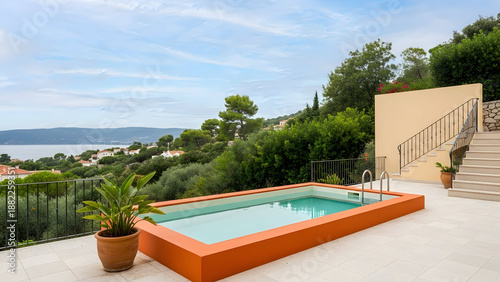 Modern Outdoor Swimming Pool with Orange Trim Overlooking a Coastal Landscape water blue