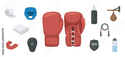 Complete set of boxing training equipment featuring red gloves, a punching bag, protective headgear, and a mouthguard, all depicted in a clean flat vector illustration style