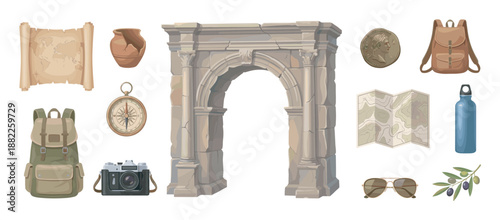 Collection of travel and archaeological items including an ancient arch, map, compass, and backpack for an adventure or historical exploration concept, depicted in a detailed cartoon style