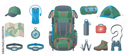 Collection of hiking and camping equipment including a backpack, tent, map, and compass for outdoor adventure, illustrated in a clean cartoon style for travel and survival concepts