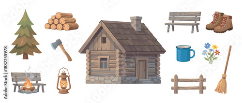 Collection of rustic wooden cabin illustrations featuring a log house, campfire, axe, lantern, and hiking boots for a cozy outdoor adventure and camping theme in a cartoon style