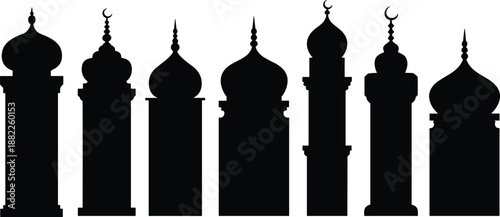 Islamic mosque minarets silhouette illustration featuring traditional domes and crescent symbols, representing Muslim architecture, Ramadan spirituality, religious heritage, prayer,