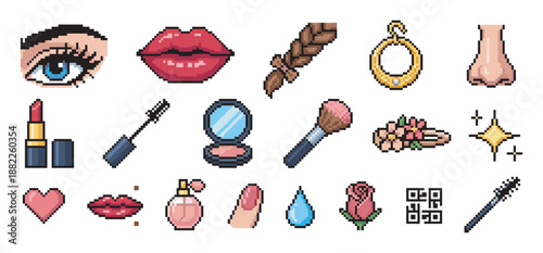 Set of pixel art beauty icons featuring lipstick, mascara, lips, eyes, and perfume in a retro 8-bit video game style for a feminine cosmetic and fashion concept