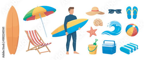 Collection of summer beach vacation items including a surfer, surfboard, umbrella, and deck chair, illustrated in a colorful flat design style for holiday and travel concepts