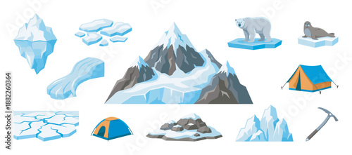 Set of arctic and antarctic exploration icons featuring a polar bear, seal, iceberg, snowy mountains, camping tent, and climbing equipment for adventure themes