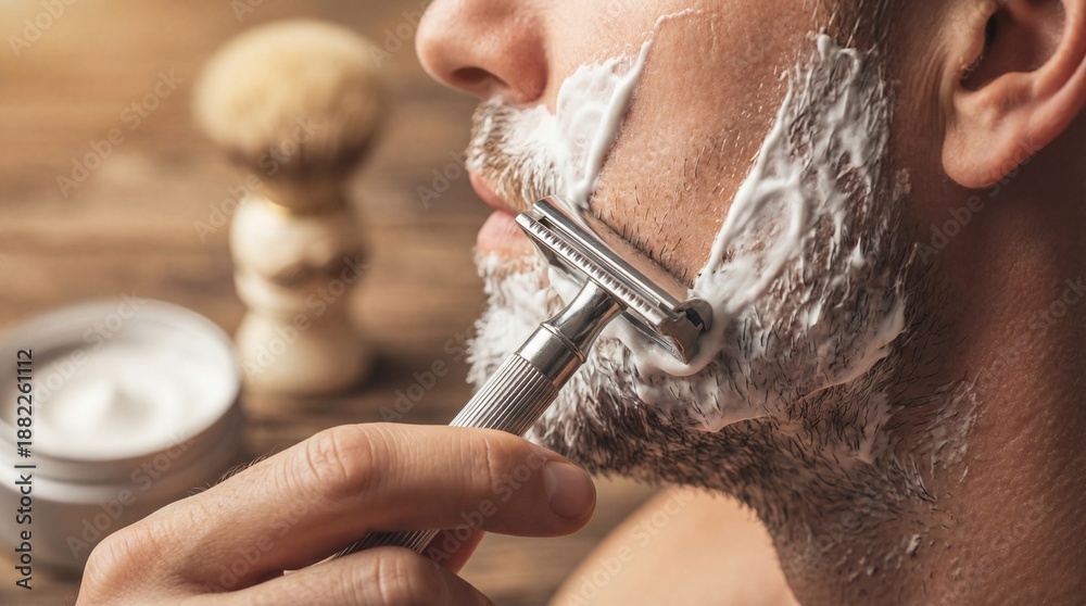 Obraz premium Man shaving beard with straight razor in closeup view. Traditional wet shaving technique using shaving cream and brush. Personal grooming and facial care concept for mens hygiene routine.