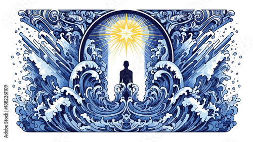 Person Meditating Amidst Swirling Blue Waves and Radiant Light