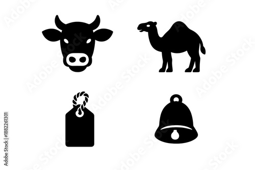 Black silhouette icons set featuring farm animals, desert creatures, bell, and price tag