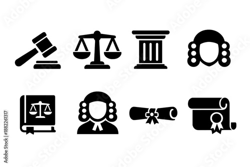 Black silhouette symbols of law, justice, legal authority, court, and academic achievement