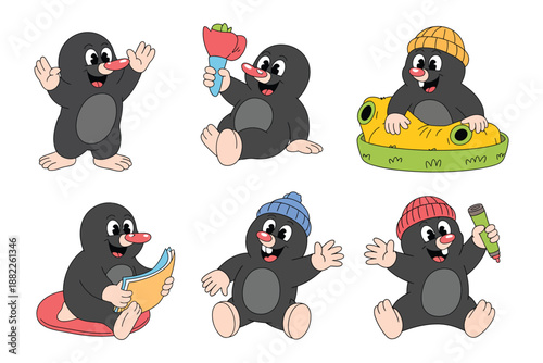 A cartoon mole character in various playful poses and outfits on a white background