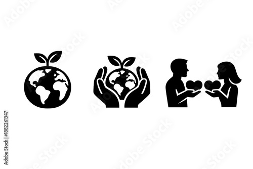 Set of black and white icons for environmental protection and loving relationships