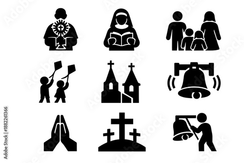 Black glyph set of Christian religious symbols, church, priest, nun, and praying hands