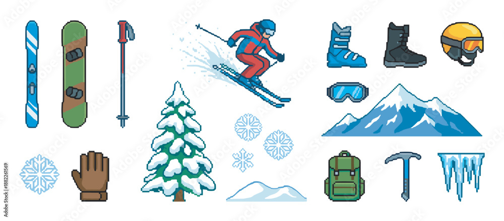 Fototapeta premium Colorful pixel art icon set of winter sports and alpine climbing gear with a skier, mountains, and snowflakes in a retro 8-bit video game aesthetic