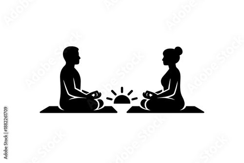 Silhouette of a couple meditating together in a yoga pose with a stylized sunrise symbol