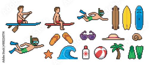Pixel art summer beach vacation icon set featuring people surfing, snorkeling, and paddleboarding with various accessories like a surfboard, flippers, and sunscreen