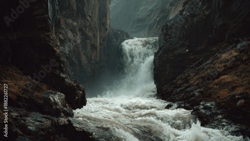 Waterfall plunges between rocky cliffs
