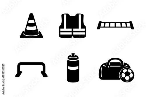 Essential sports training equipment and safety gear including cone, vest, ladder, and gym bag