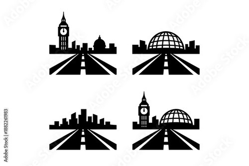 Roads leading to city skylines representing global travel and transportation
