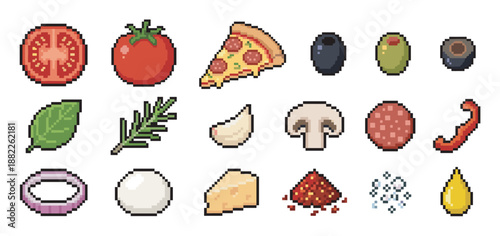 Detailed set of pixel art pizza ingredients including tomato, cheese, pepperoni, mushroom, basil, and olives in a retro 8-bit video game style illustration