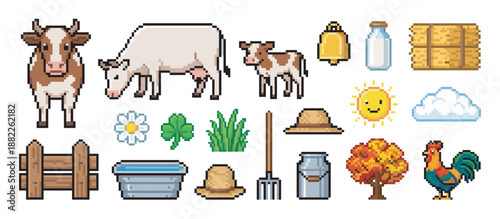 Pixel art farm icon set collection featuring a cow, calf, rooster, milk bottle, hay bale, and other agricultural elements in a retro 8-bit video game style for creative projects