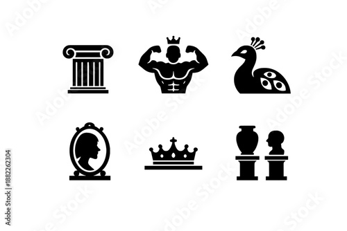 Historical and cultural silhouette icons featuring column, crown, peacock, and muscular man
