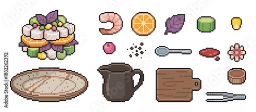Pixel art food icon set for a video game featuring fresh ceviche, shrimp, orange, basil, and various cooking utensils like a plate, pitcher, and cutting board for a recipe