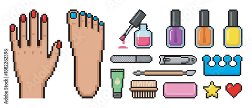 Pixel art manicure and pedicure icon set with a hand, foot, nail polish, and beauty tools for a salon or spa theme, created in a retro 8-bit video game style