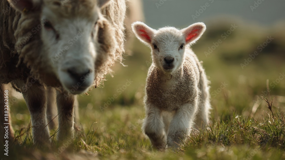 Obraz premium Adorable Lamb Running in a Field with Mother