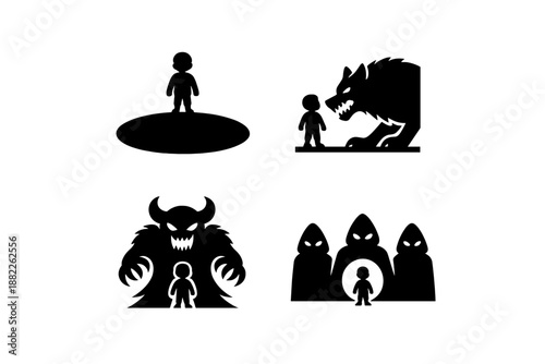 Symbolic black silhouettes illustrating themes of confrontation, isolation, danger, and fear