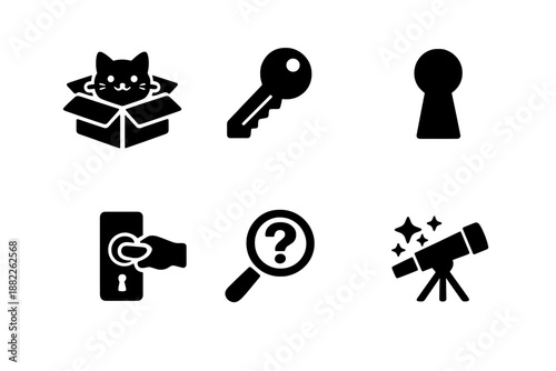 Mystery and discovery symbols: cat in a box, key, keyhole, doorknob, magnifying glass, telescope