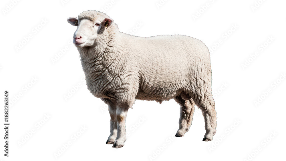 Obraz premium A side view of a white sheep standing on a dark surface, isolated against a transparent backdrop