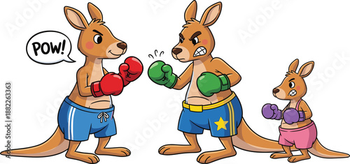 Funny boxing kangaroo cartoon illustration set, cute animal fighters with gloves, playful sports combat scene, flat vector isolated white background