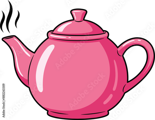 Cute pink teapot illustration icon, hot tea brewing concept, cartoon kitchen drinkware design, flat vector isolated on white background
