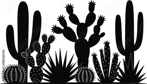 Minimalist cactus silhouette illustration featuring desert succulents and cacti shapes, modern black botanical design, nature inspired artwork, arid landscape plants, graphic vector style