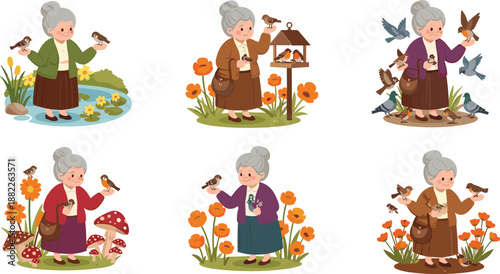 Cute elderly woman feeding birds illustration set, grandma character with birds and flowers, cozy nature scene isolated on white background